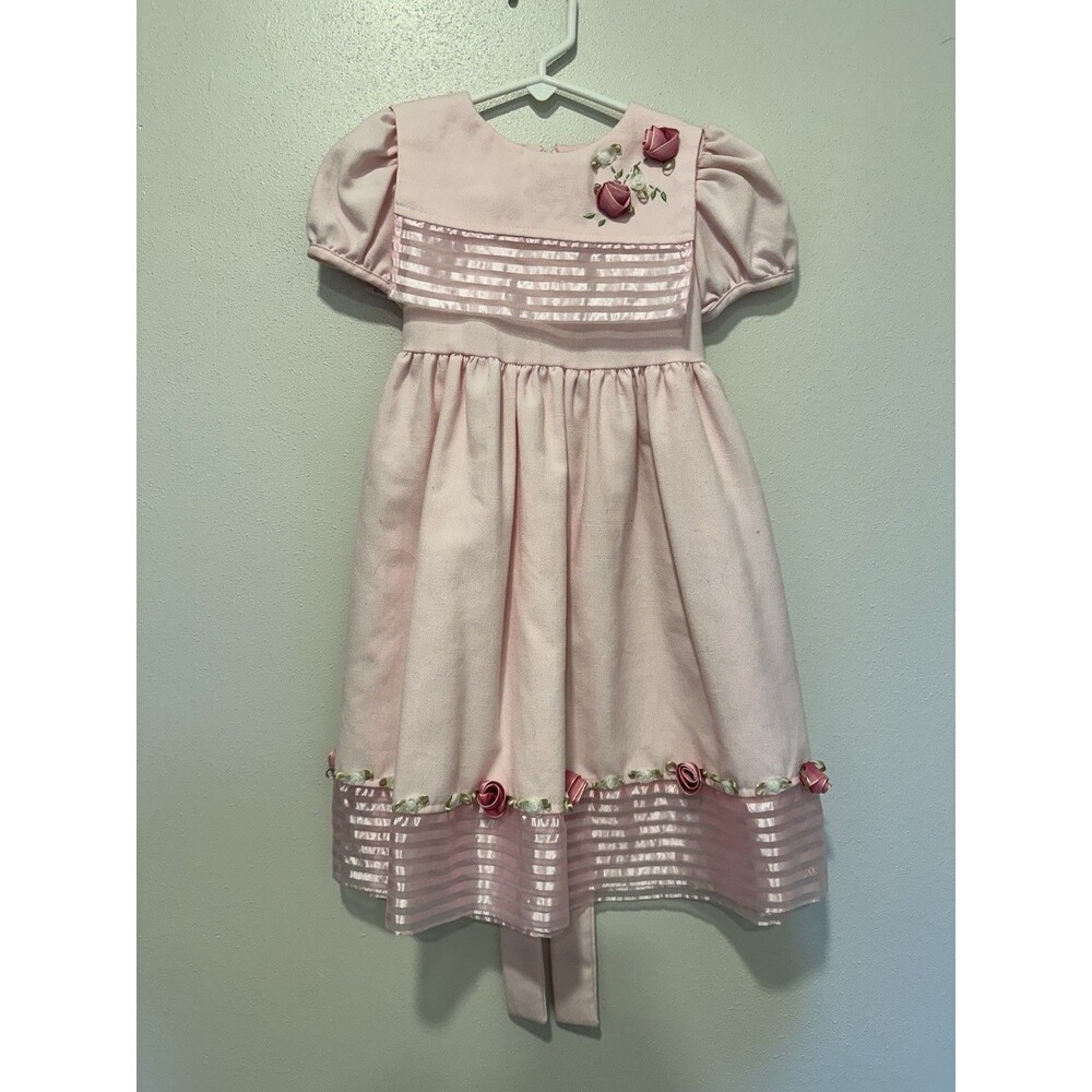 b.t. kids Pink A-Line Flower Accent Knee Length Dress 4T Girls Short Puff Sleeve